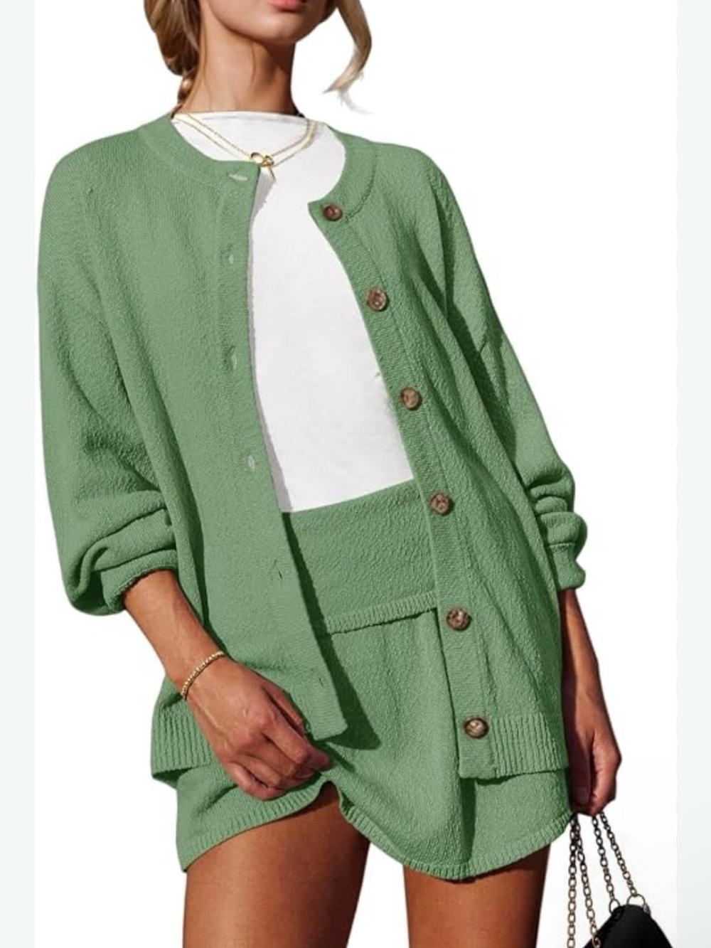 Classic Green Knit Cardigan and Skirt Set - Women's Sweater